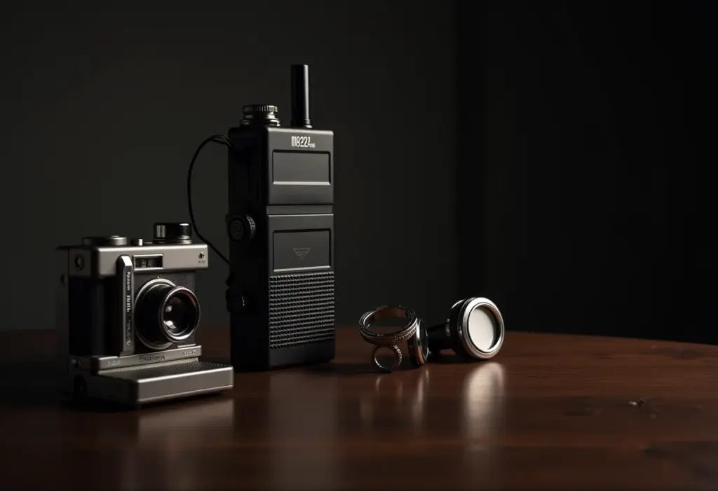 Equipamentos de espionagem vintage em cena.