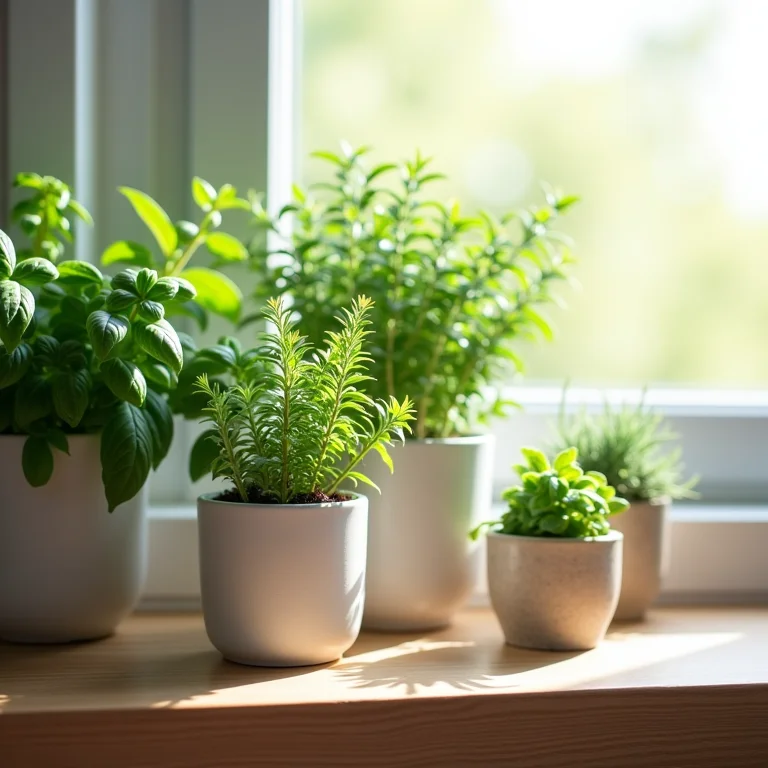 Ervas aromáticas em vasos para varanda.