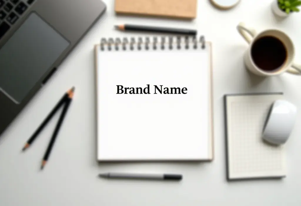Escrivaninha minimalista com o nome da empresa em um caderno, representando a escolha do nome ideal.