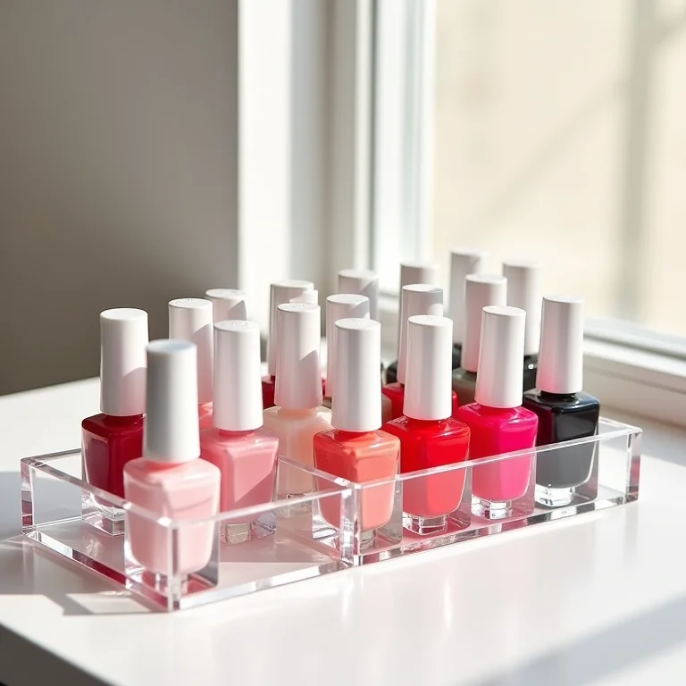 Esmaltes organizados em organizadores acrílicos transparentes