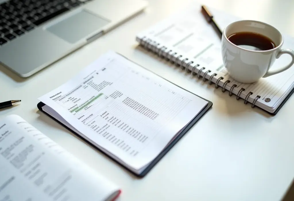 Espaço de trabalho minimalista com laptop mostrando planilha complexa, café e planner.