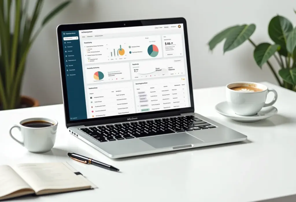 Espaço de trabalho minimalista com Notion aberto em um laptop.