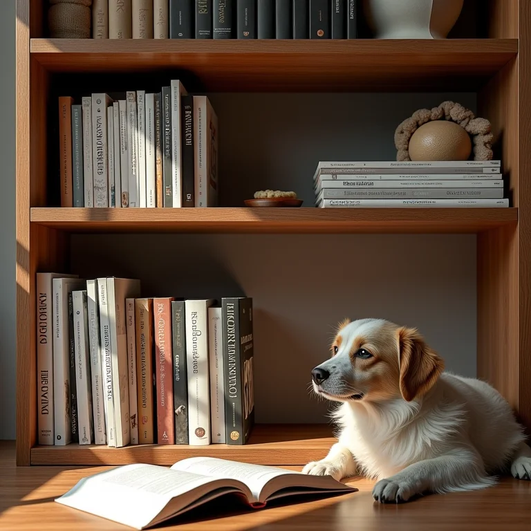 Estante de livros com itens relacionados a cães