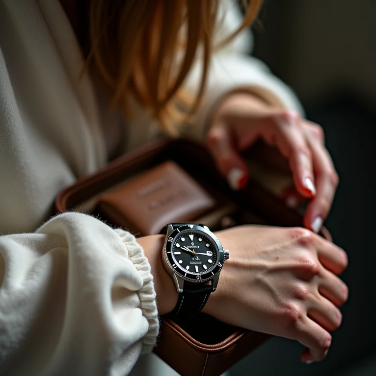 Estojo de viagem para relógios sendo usado por mulher branca