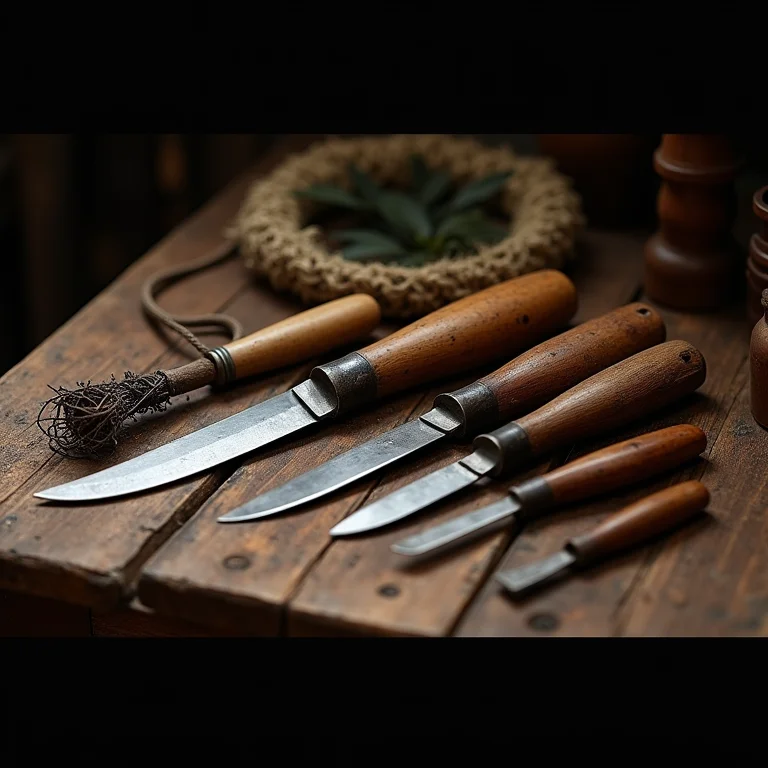 Ferramentas antigas de caça em mesa rústica