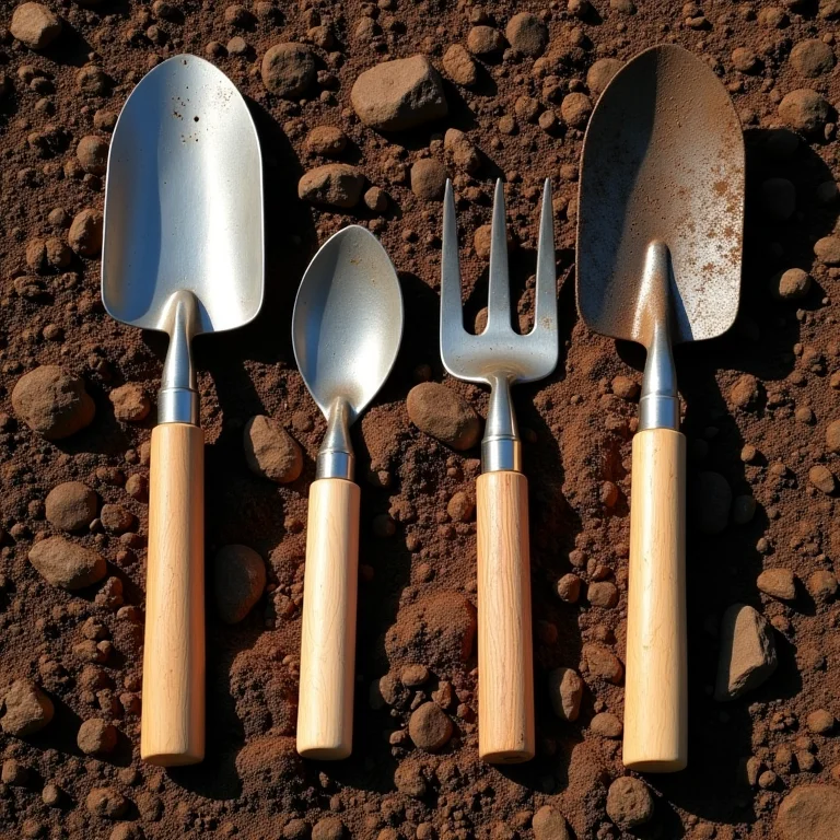 Ferramentas de jardinagem e fertilizante sobre solo preparado.