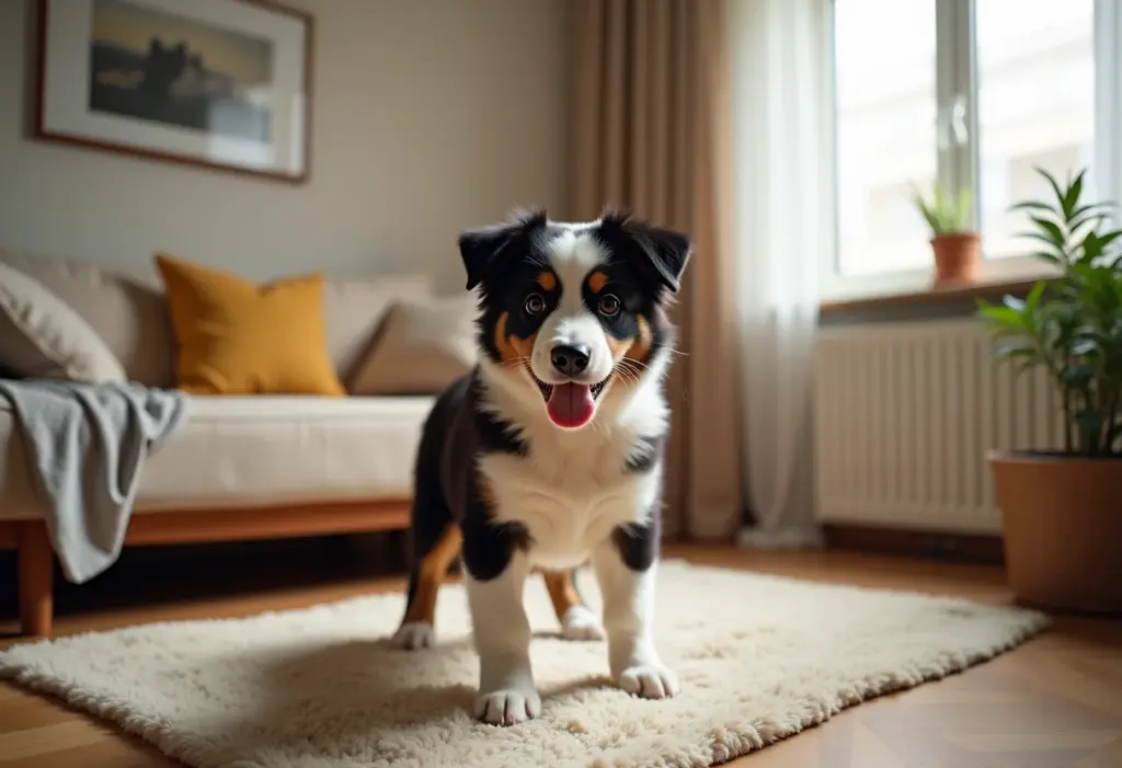 Filhote de Border Collie brincalhão em sala de estar aconchegante
