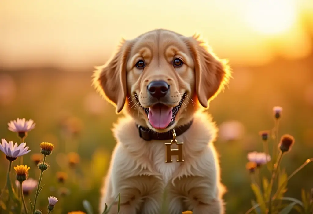 Filhote de Golden Retriever com coleira personalizada com a letra H.