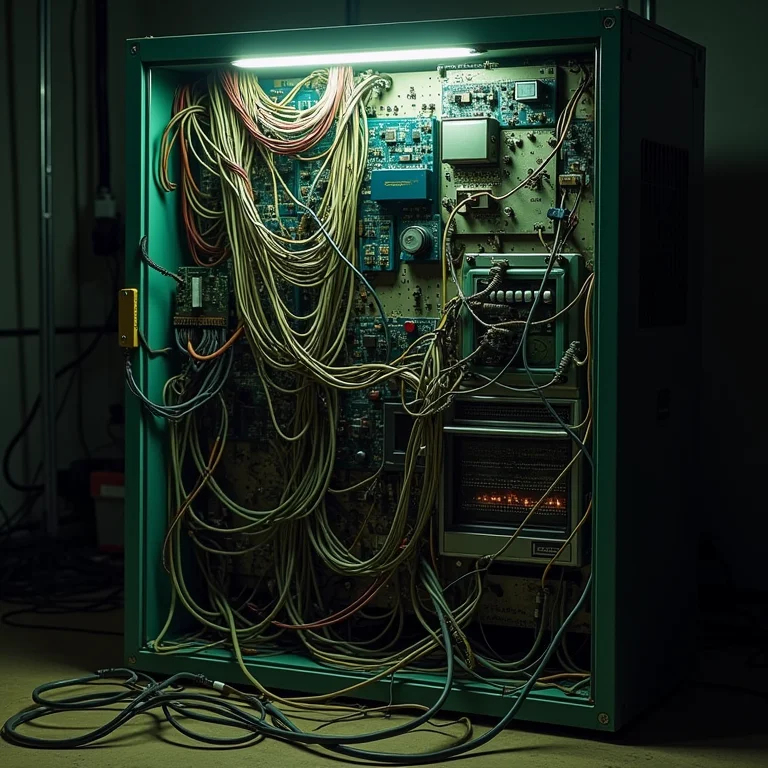 Fios e circuitos emaranhados dentro de computador antigo