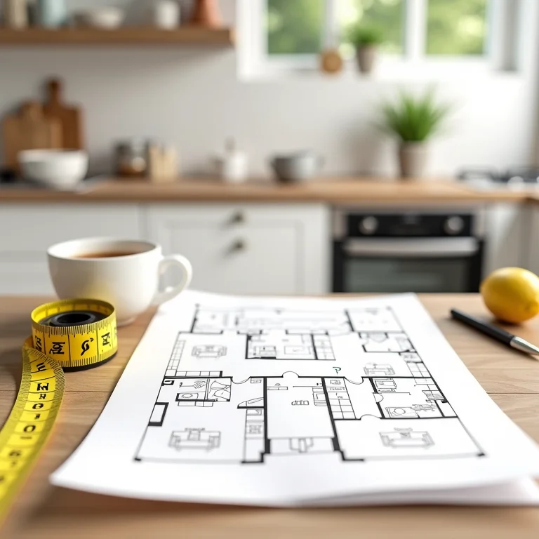 Fita métrica, planta baixa e eletrodomésticos em bancada de cozinha