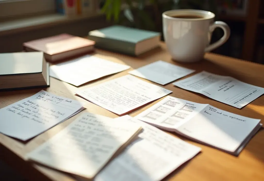 Flashcards: O truque genial para turbinar sua memória (testado) Flashcards coloridos espalhados em uma mesa de estudo, com livros e café.