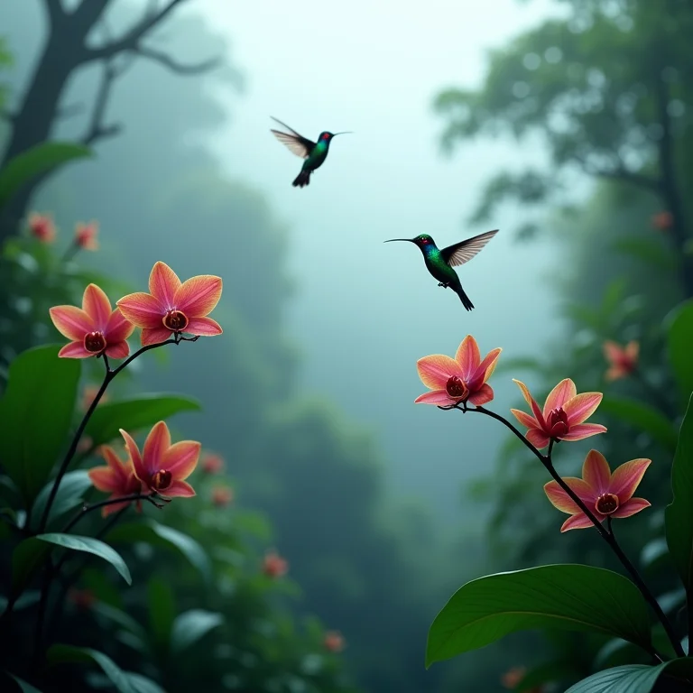 Floresta nublada em Monteverde com beija-flores e orquídeas