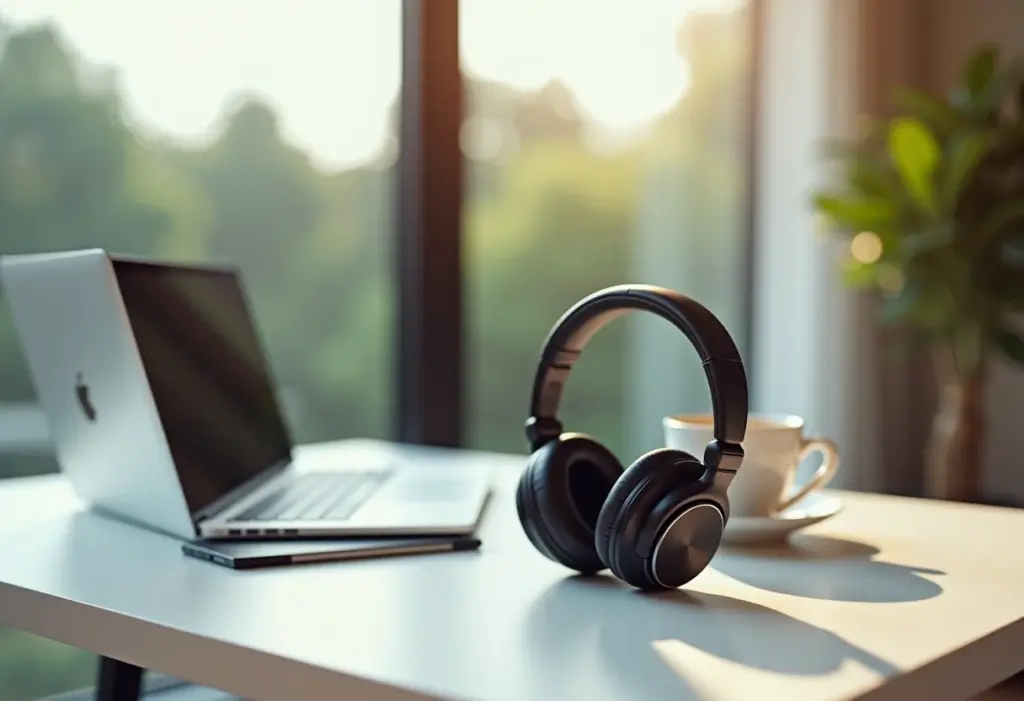 Fones de ouvido com cancelamento de ruído em mesa minimalista