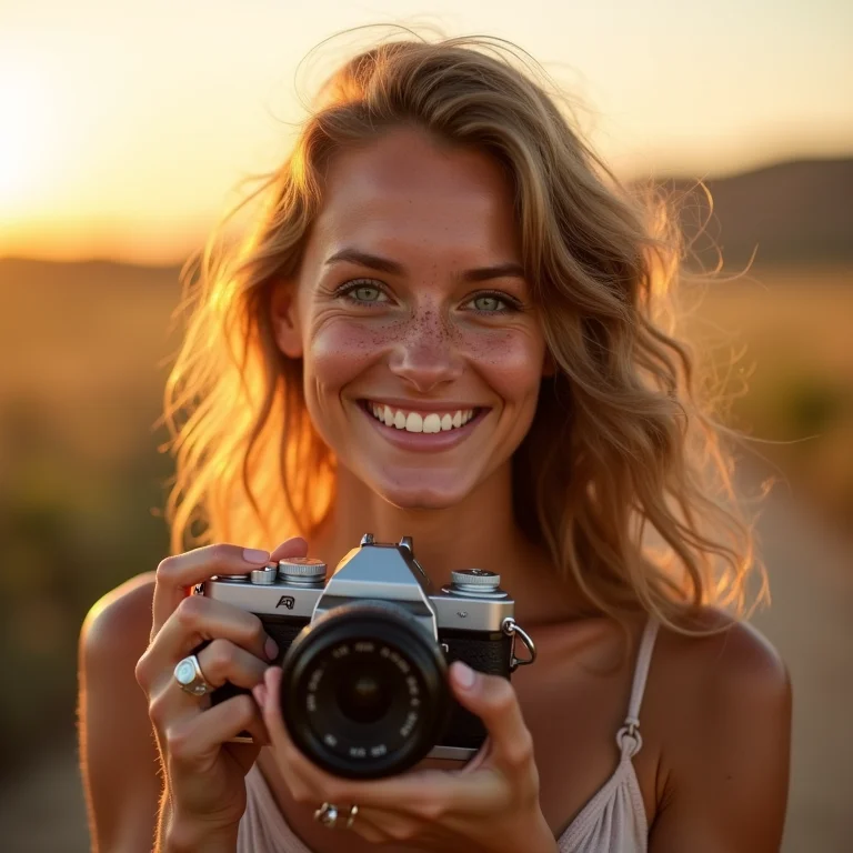 Fotógrafa sorrindo com câmera