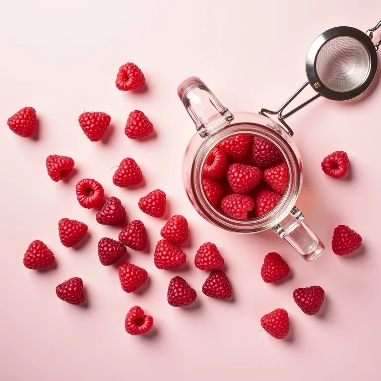 Framboesas frescas dispostas artisticamente com bule de vidro e coador de chá