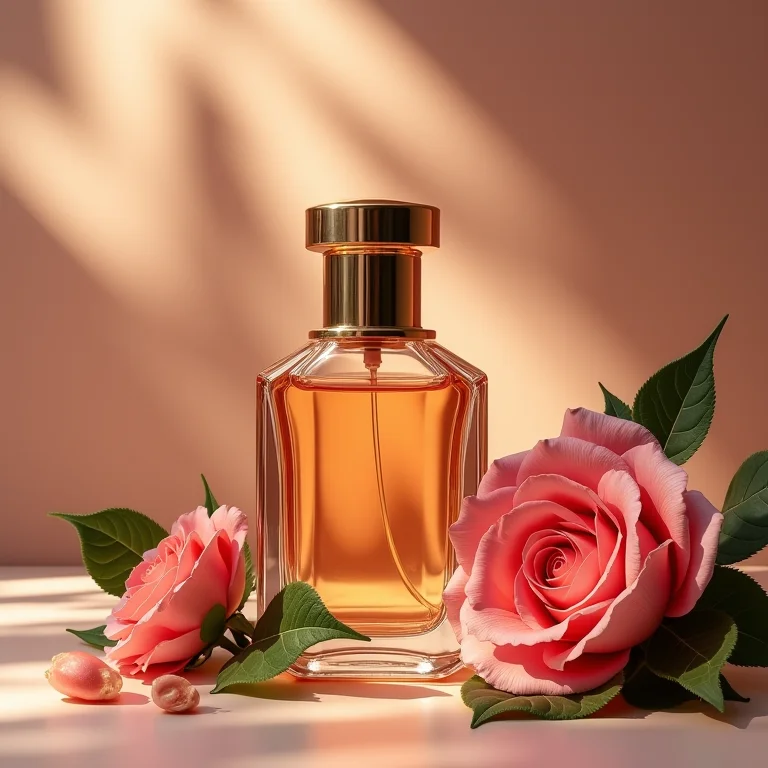 Frasco de perfume adornado com flores e elementos naturais