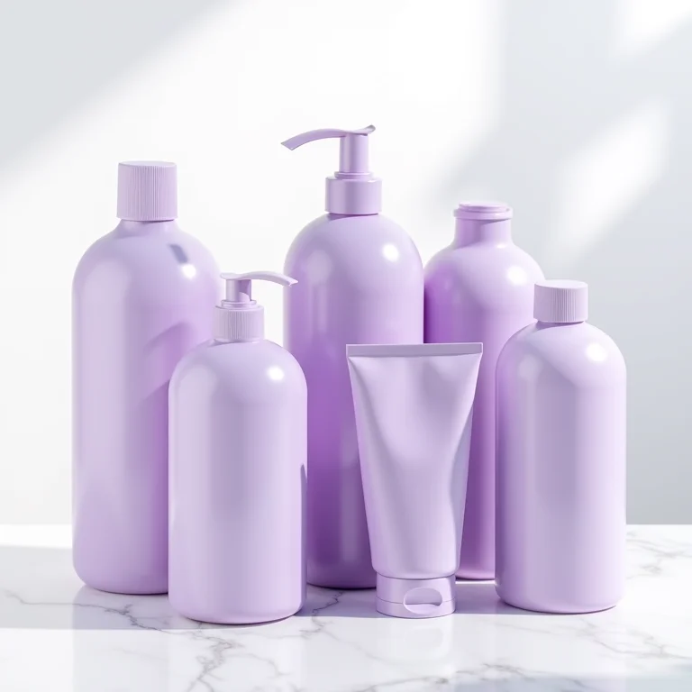 Frascos de shampoo e condicionador matizadores em fundo de mármore