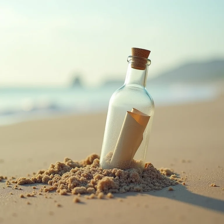 Garrafa com mensagem na areia da praia