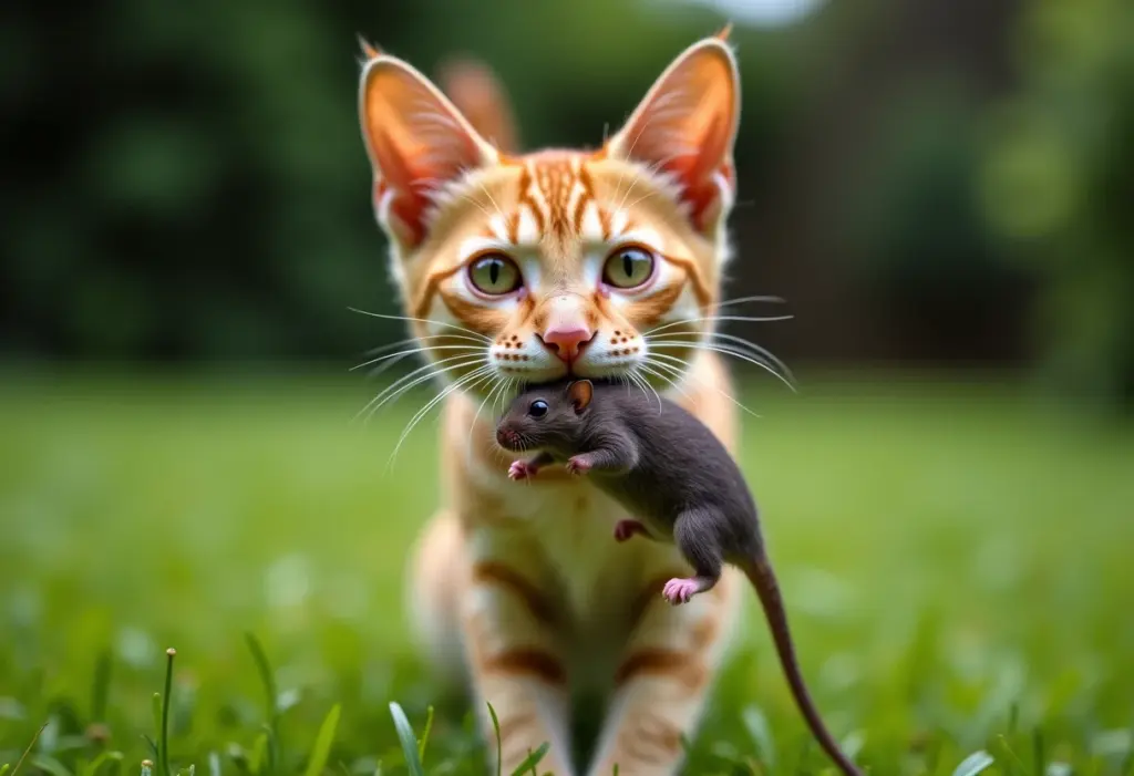 Gato doméstico carregando um rato morto no jardim