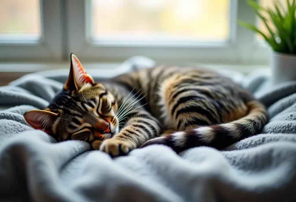 Gato Dorminhoco: O segredo para noites tranquilas (e sem miados) Gato dormindo em cobertor macio