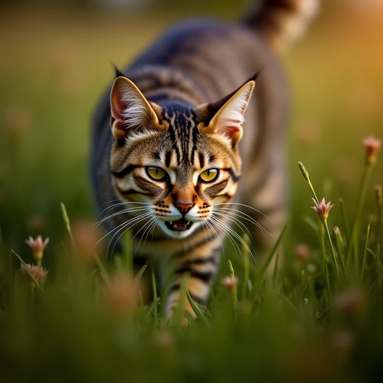 Gato espreitando presa em campo gramado
