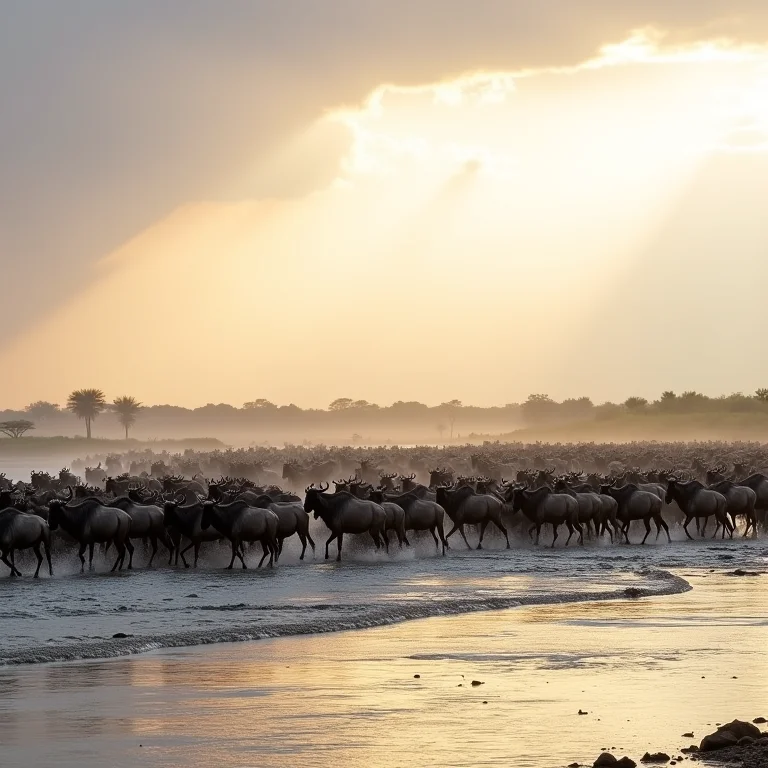 Gnus atravessando rio durante a Grande Migração