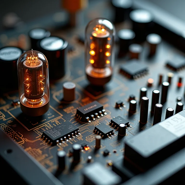 Hardware de computador antigo, incluindo válvulas e circuitos integrados antigos.