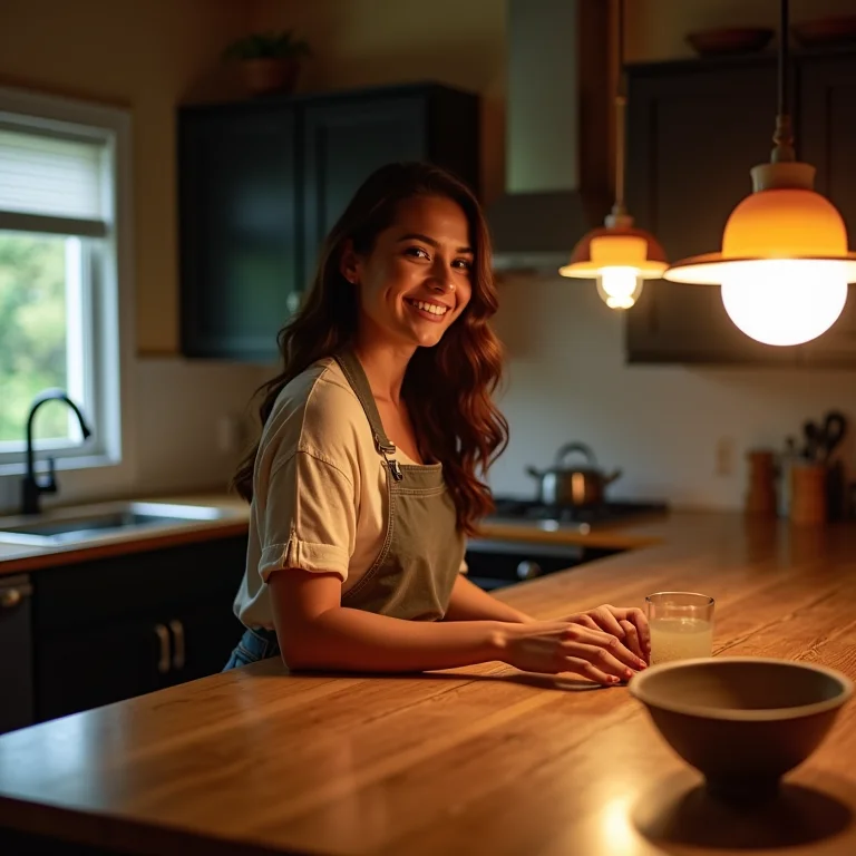 Iluminação estratégica na bancada da cozinha para maior destaque