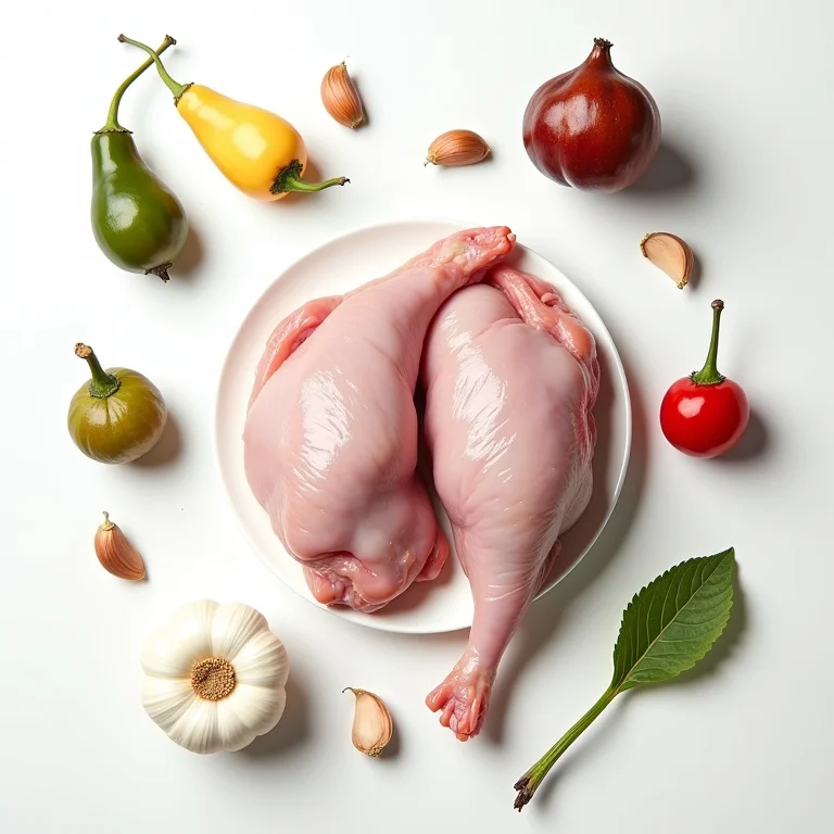 Ingredientes frescos para Pato no Tucupi dispostos em flat lay