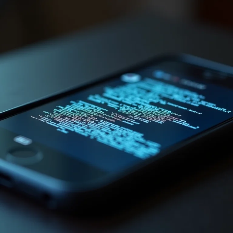 Interface de mídia social distorcida em um smartphone, representando os elementos visuais de filmes de internet amaldiçoada.