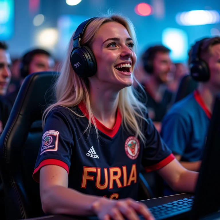 Jogadora branca de CS:GO com sardas vestindo a camisa da FURIA
