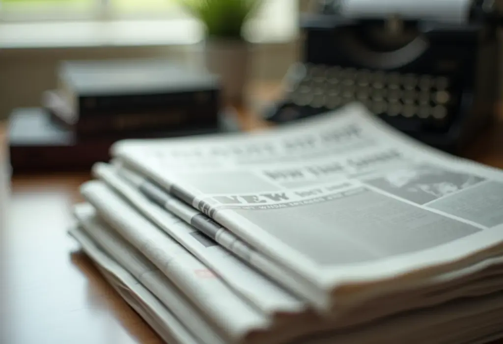 Jornal antigo com máquina de escrever ao fundo, representando o jornalismo investigativo.