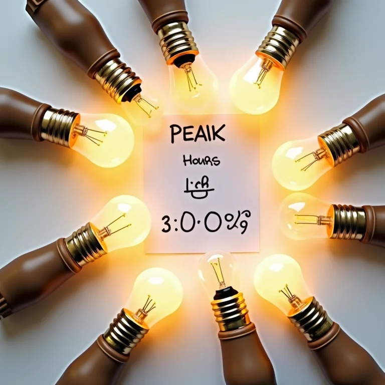 Lâmpadas LED, anotação sobre horários de pico e timer, representando o consumo de energia na iluminação