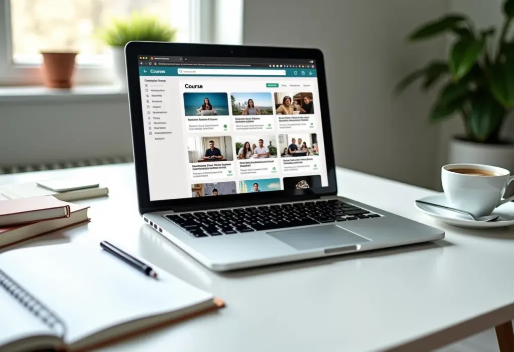 Laptop aberto mostrando plataformas de cursos online gratuitos