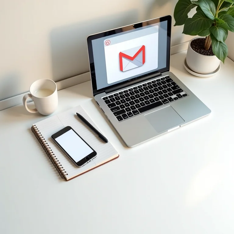 Laptop com caixa de email aberta, smartphone e caderno com caneta