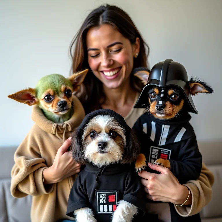 Latina rindo com cachorros fantasiados de Star Wars
