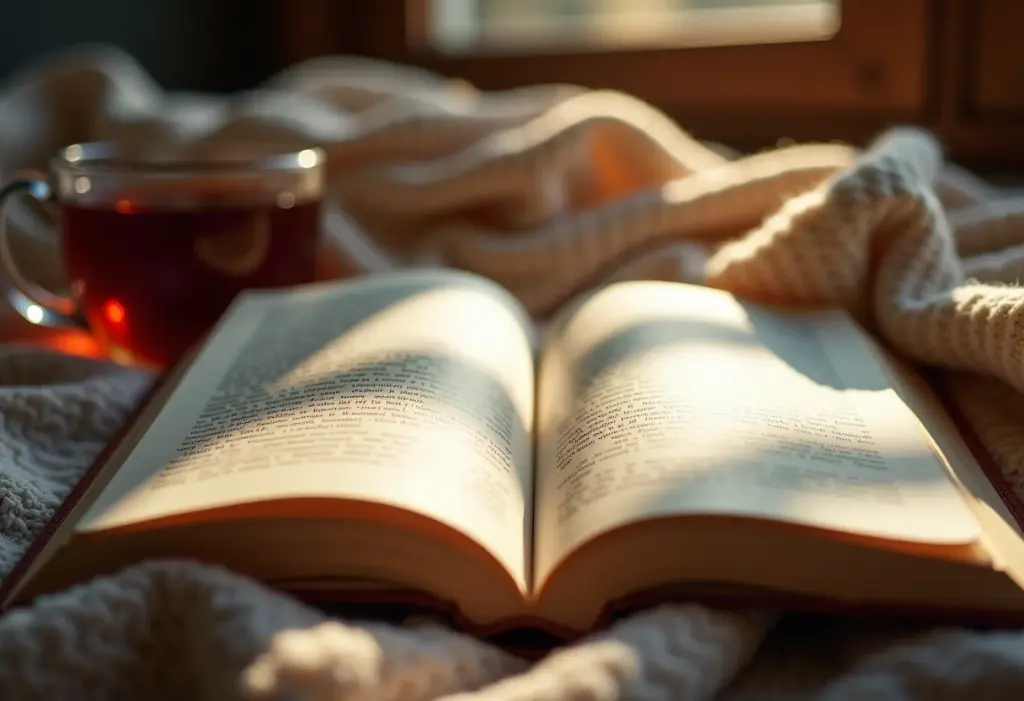 Livro aberto com luz suave, manta aconchegante e chá fumegante, representando o poder da leitura e da criação de hábitos.