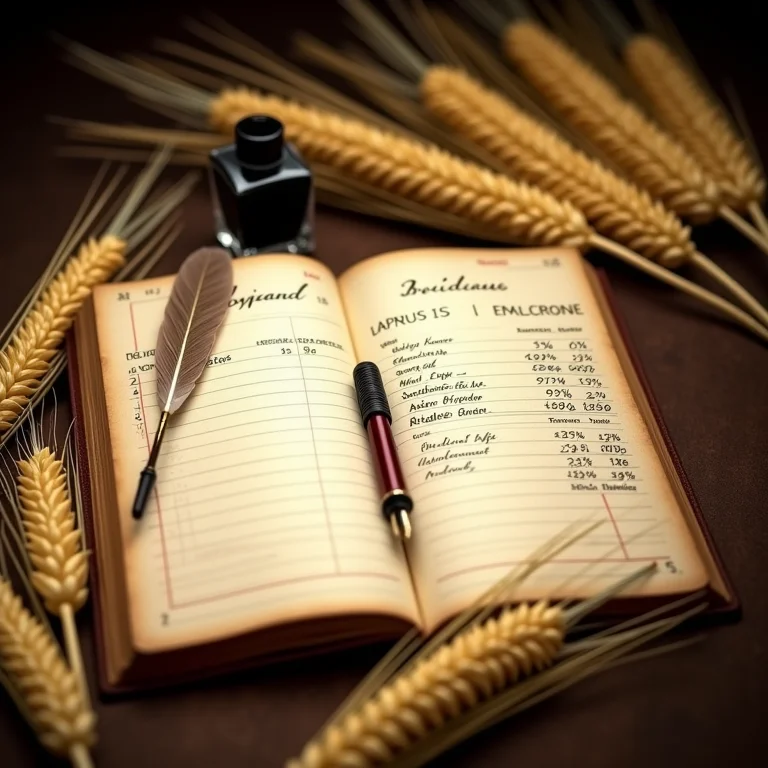 Livro razão antigo aberto com detalhes de despesas da fazenda