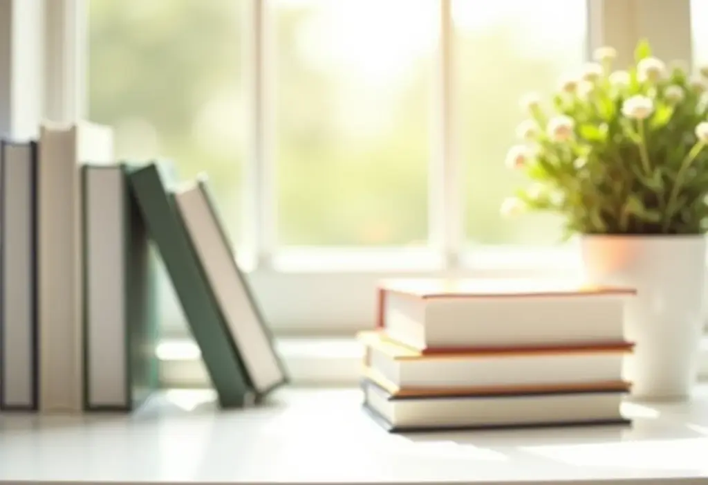 Livros sobre finanças pessoais e planta simbolizando crescimento financeiro