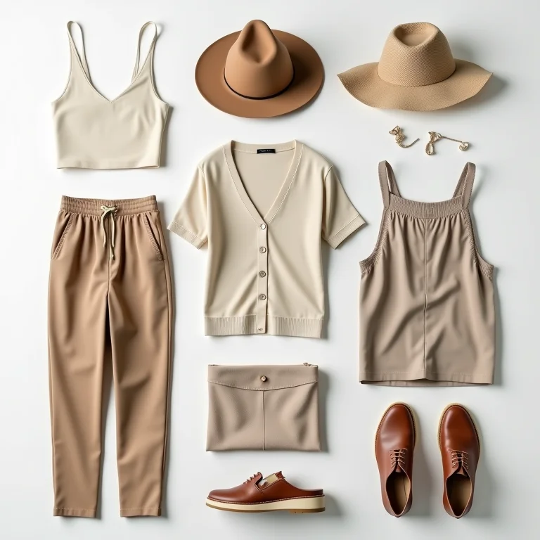Looks planejados para viagem dispostos em um flat lay.
