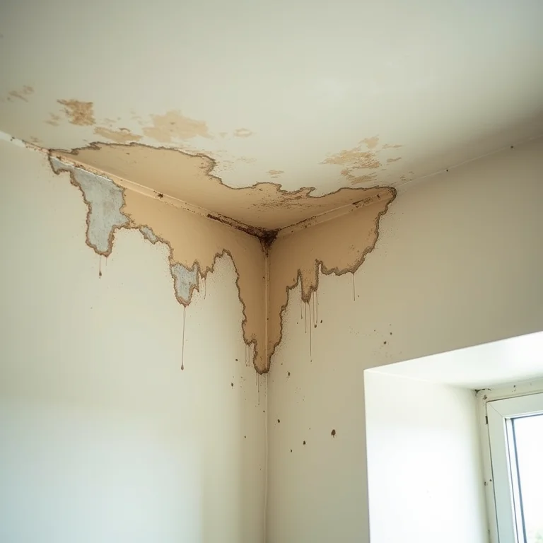 Manchas de infiltração e pintura descascada no teto