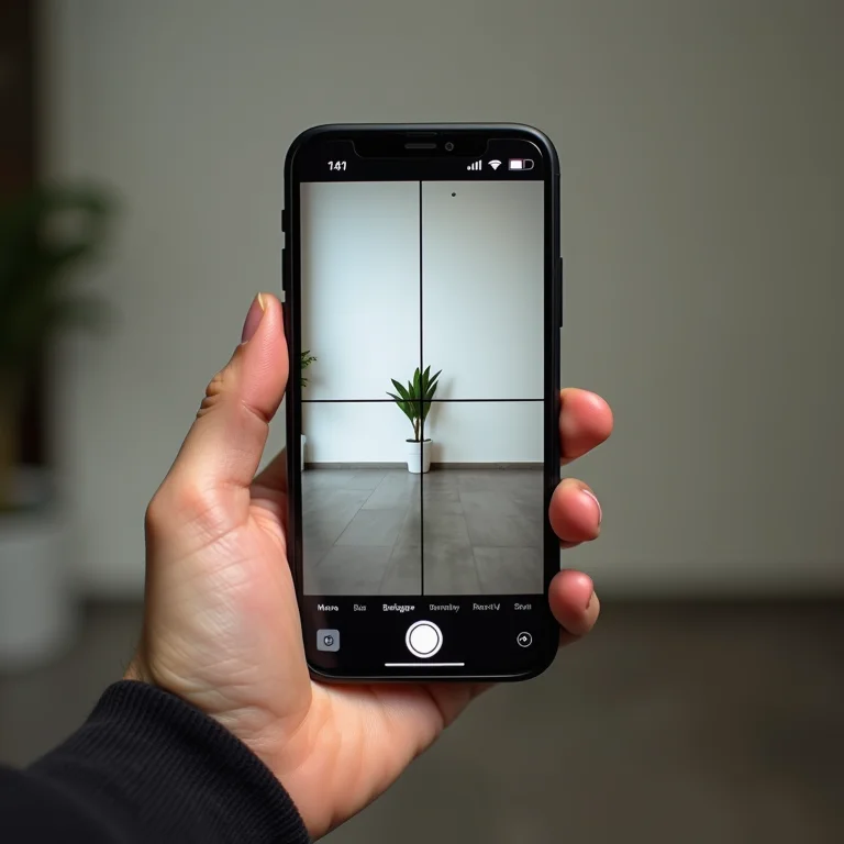 Mão segurando um smartphone com a grade da regra dos terços ativa