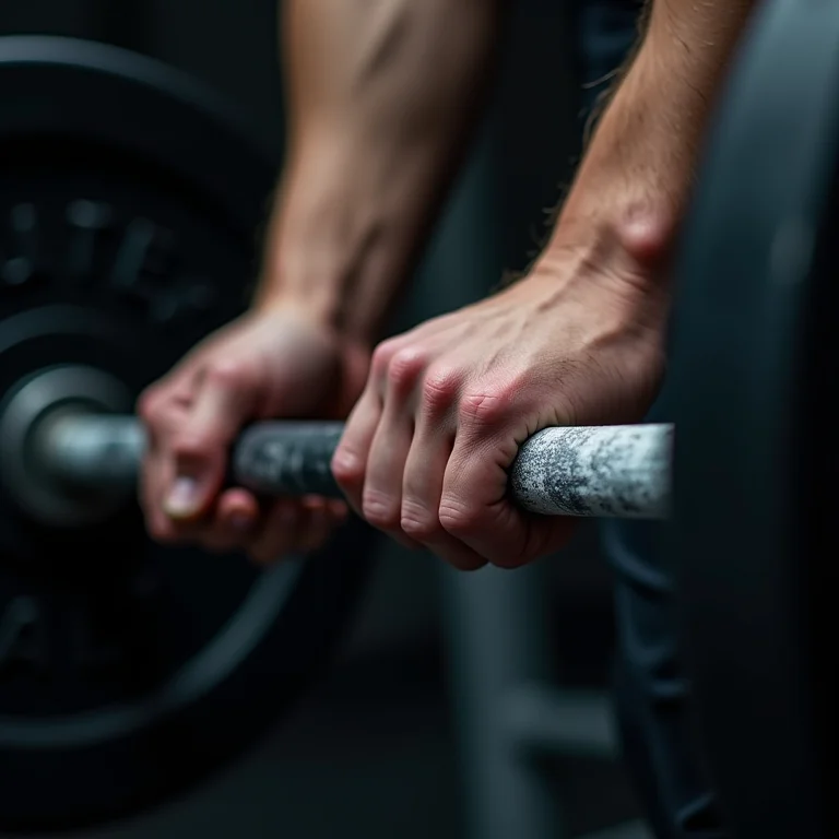 Mãos de atleta segurando um haltere com pó de giz