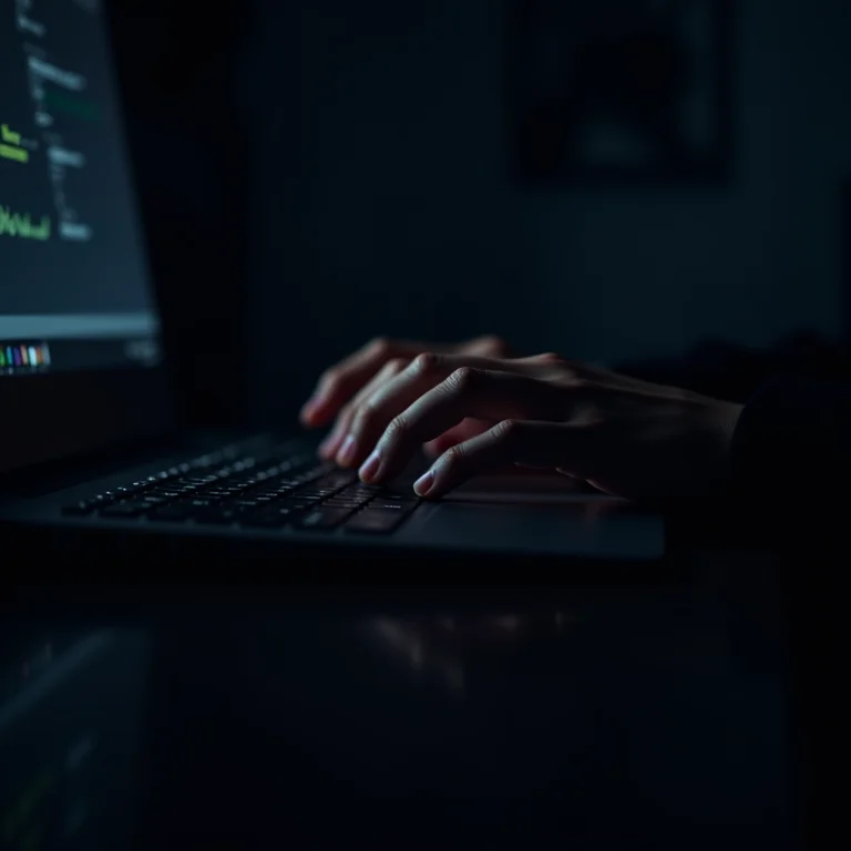 Mãos digitando rapidamente em um teclado em um quarto escuro, representando os temas de hacking e deep web em filmes de terror online.