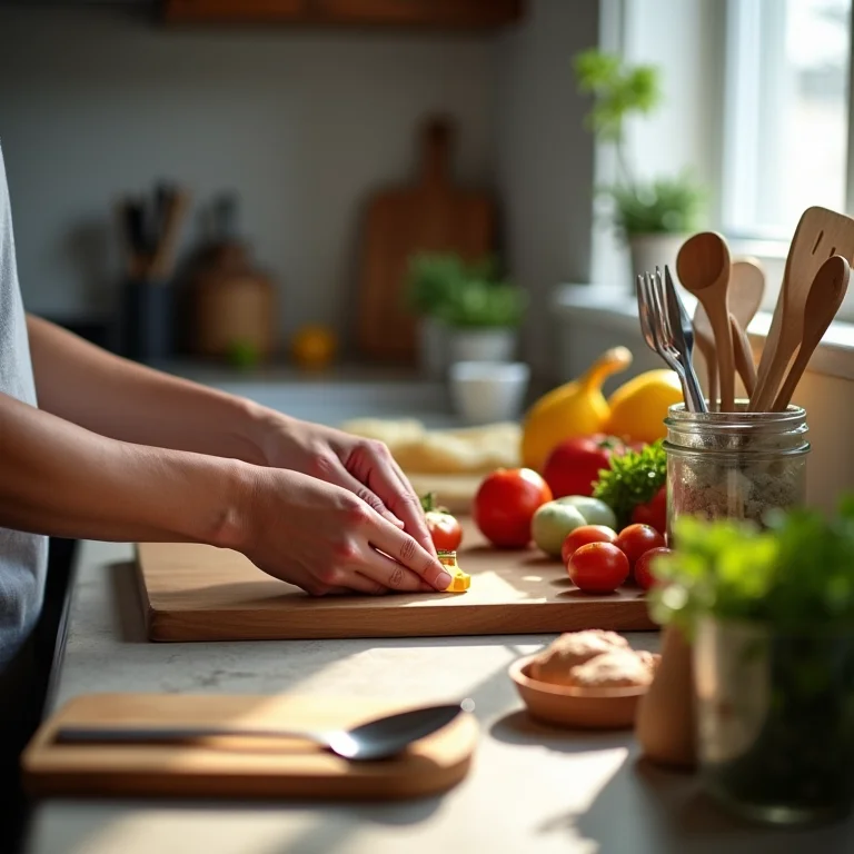 Mãos organizando utensílios e alimentos na bancada da cozinha.