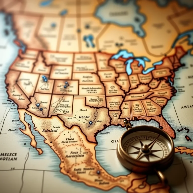 Mapa antigo do Velho Oeste com anotações, um compasso vintage e tons sépia.