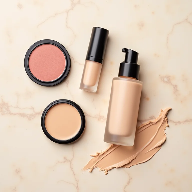 Maquiagem essencial organizada em um fundo texturizado