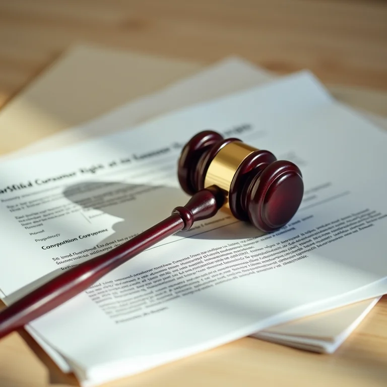 Martelo de juiz sobre documentos de legislação sobre direitos do consumidor.