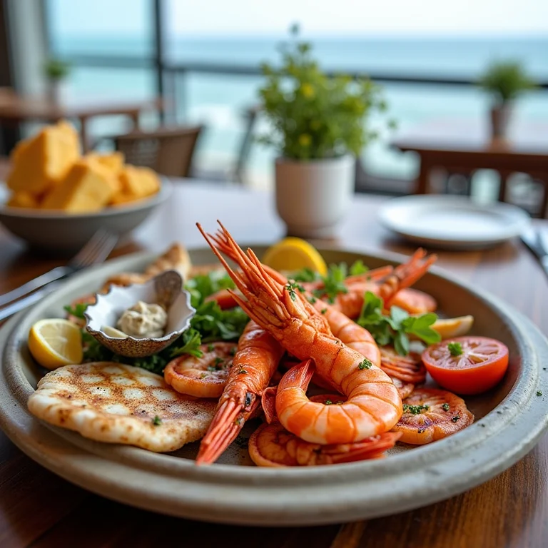 Mesa com pratos de frutos do mar em restaurante de Meia Praia