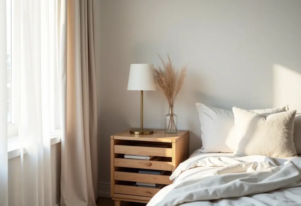 Mesa de cabeceira feita de caixote em quarto moderno
